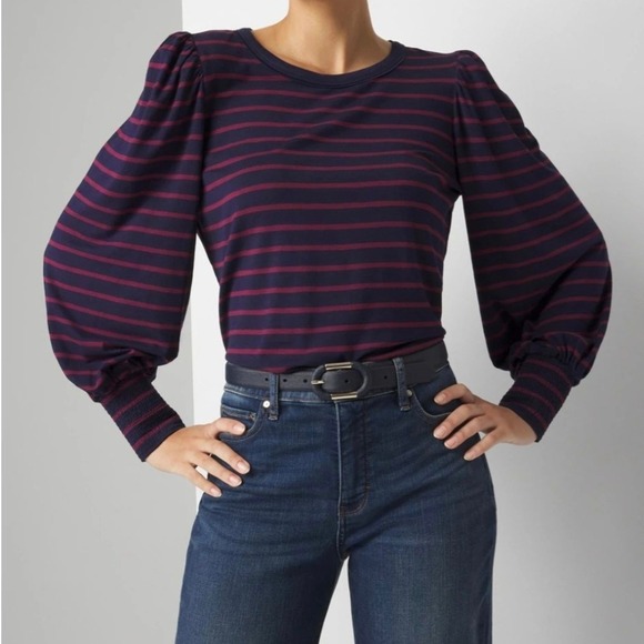 WHBM White House Black Market Striped Smocked Cuff Long Sleeve Tee Sz M - Picture 1 of 7